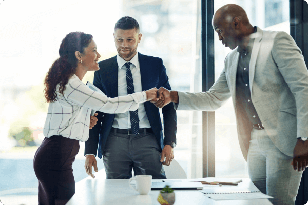 A female HR worker talking with two men Plan Managers taking about 401(k) options (1)